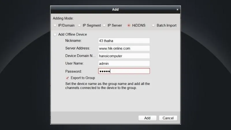 Điền thông tin kết nối camera trong IVMS 4200