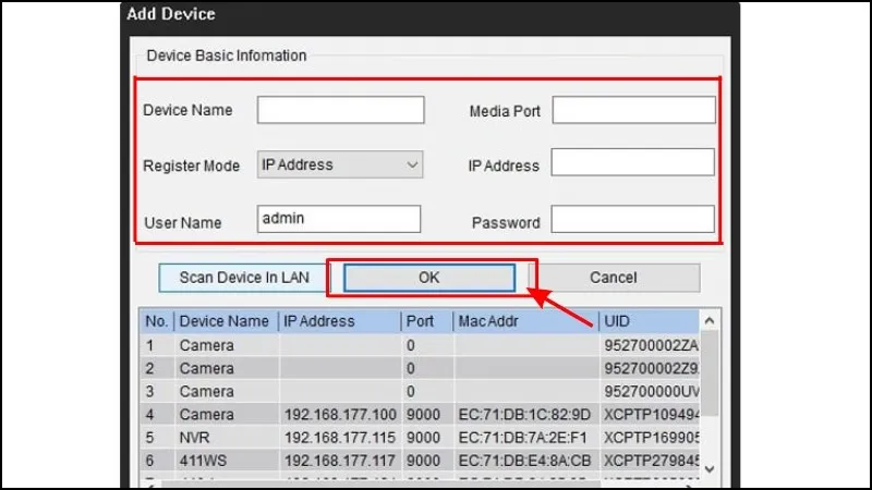 Nhập thông tin thiết bị và chọn OK trong Reolink