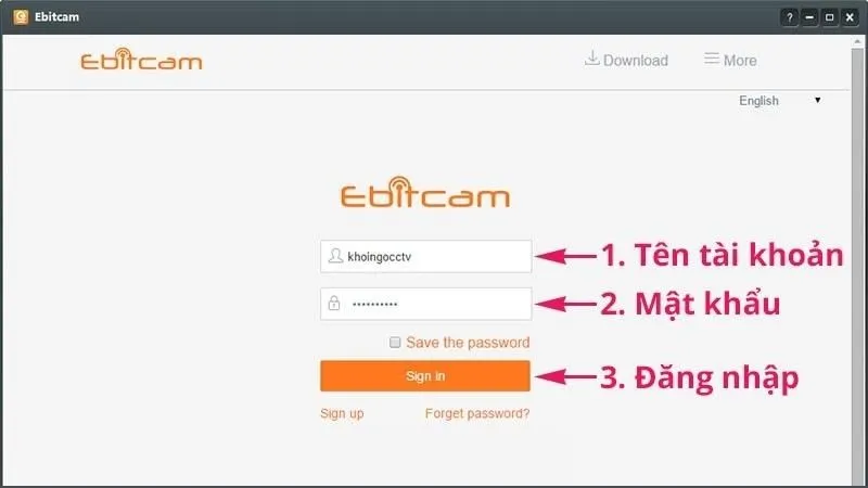 Để xem camera trên máy tính, bạn hãy mở phần mềm Ebitcam lên và đăng nhập