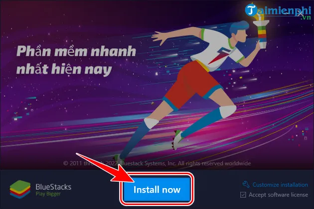 Nút Install Now trong BlueStacks để bắt đầu quy trình tải google play trên máy tính