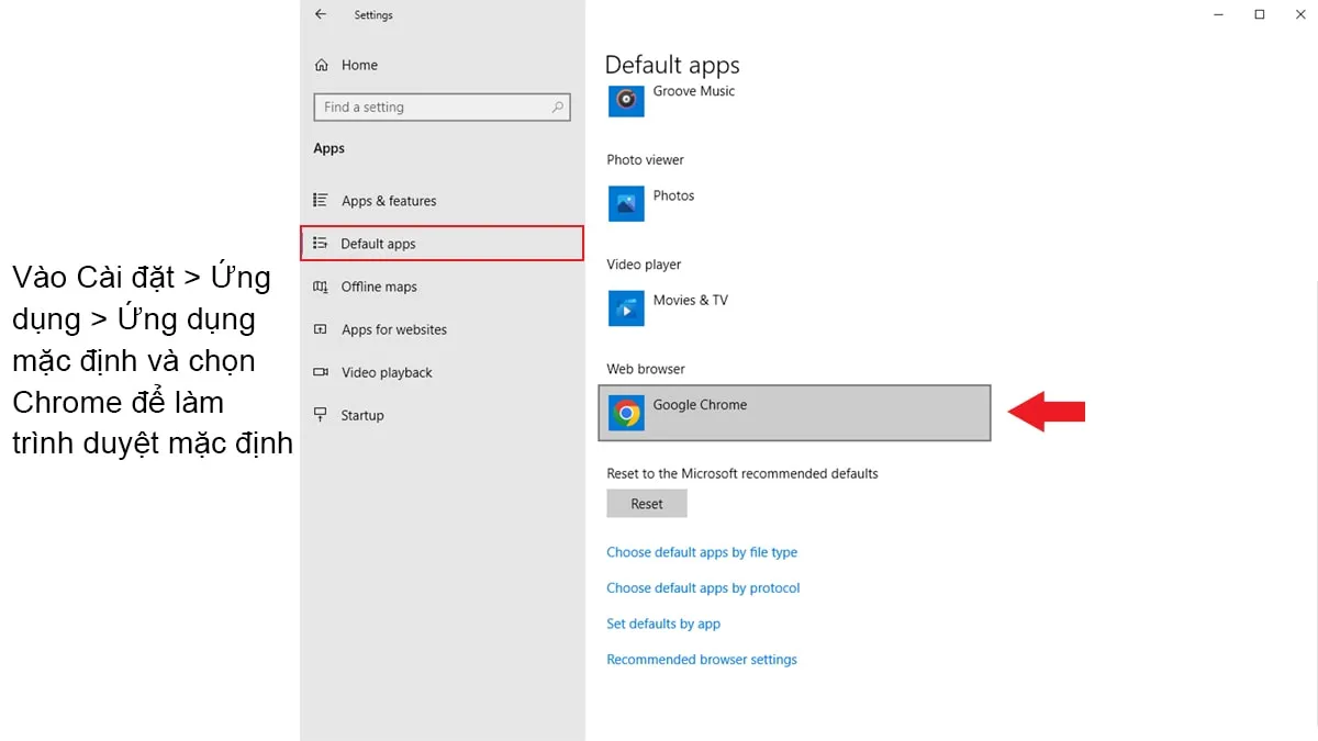 Tùy chỉnh ứng dụng mặc định trong Windows 10/11, chọn Google Chrome làm trình duyệt web chính