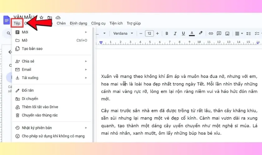 Giao diện Google Docs, thanh menu Tệp (File) hiển thị tùy chọn cách tải google docs về máy tính.