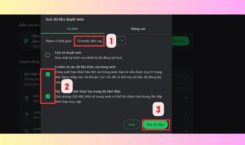 Cửa sổ cài đặt xóa dữ liệu duyệt web, chọn xóa Cache và Cookie để sửa lỗi tải file bị chặn.