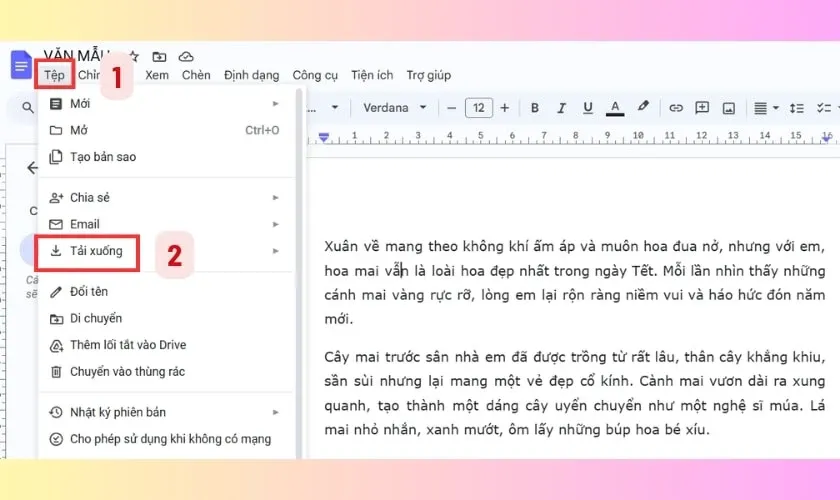Menu thả xuống của Tệp, di chuyển chuột đến Tải xuống để lưu tài liệu Word hoặc PDF.