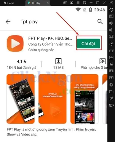 Tiến hành cài đặt ứng dụng FPT Play từ Google Play Store trên máy tính