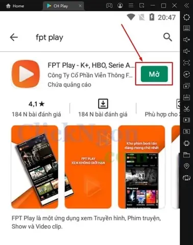 Màn hình tận hưởng nội dung FPT Play trên máy tính qua giả lập