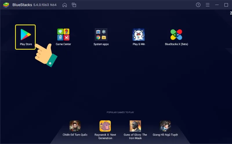 Bước 1: Giao diện BlueStacks chọn vào Play Store (Cửa hàng trò chơi)