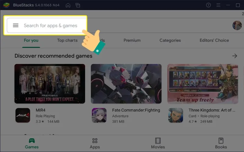 Bước 2: Nhấn vào thanh tìm kiếm ứng dụng và trò chơi trên Google Play Store