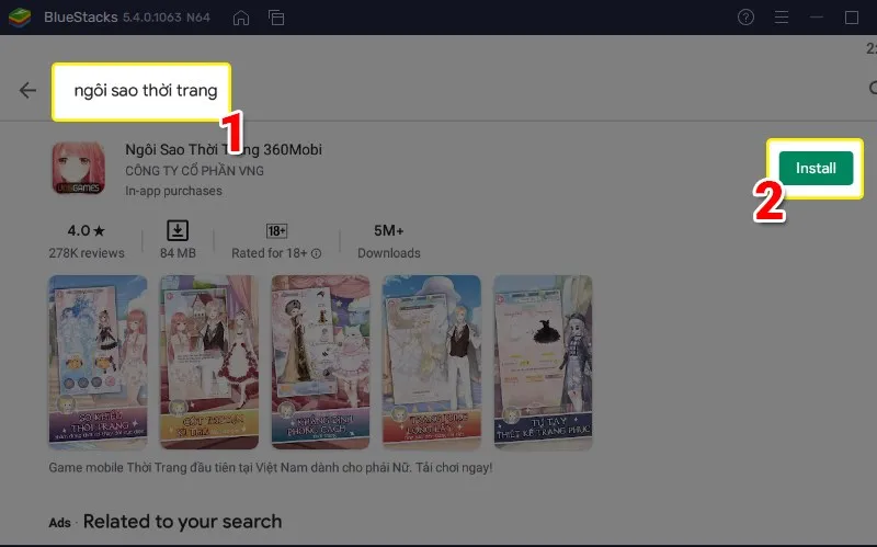 Bước 3: Tìm kiếm game Ngôi Sao Thời Trang và nhấn nút Install (Cài đặt)
