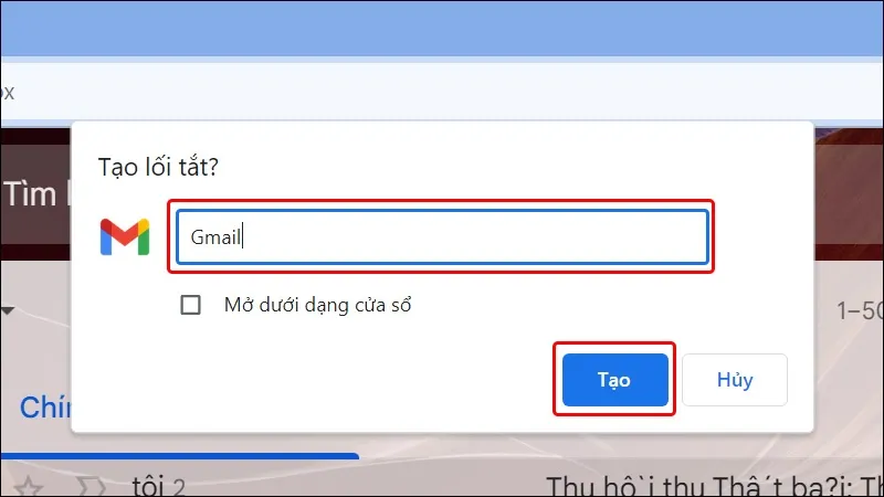 Hộp Thoại Cho Phép Đặt Tên Lối Tắt Khi Người Dùng Thực Hiện cách tải gmail về máy tính Bằng Chrome