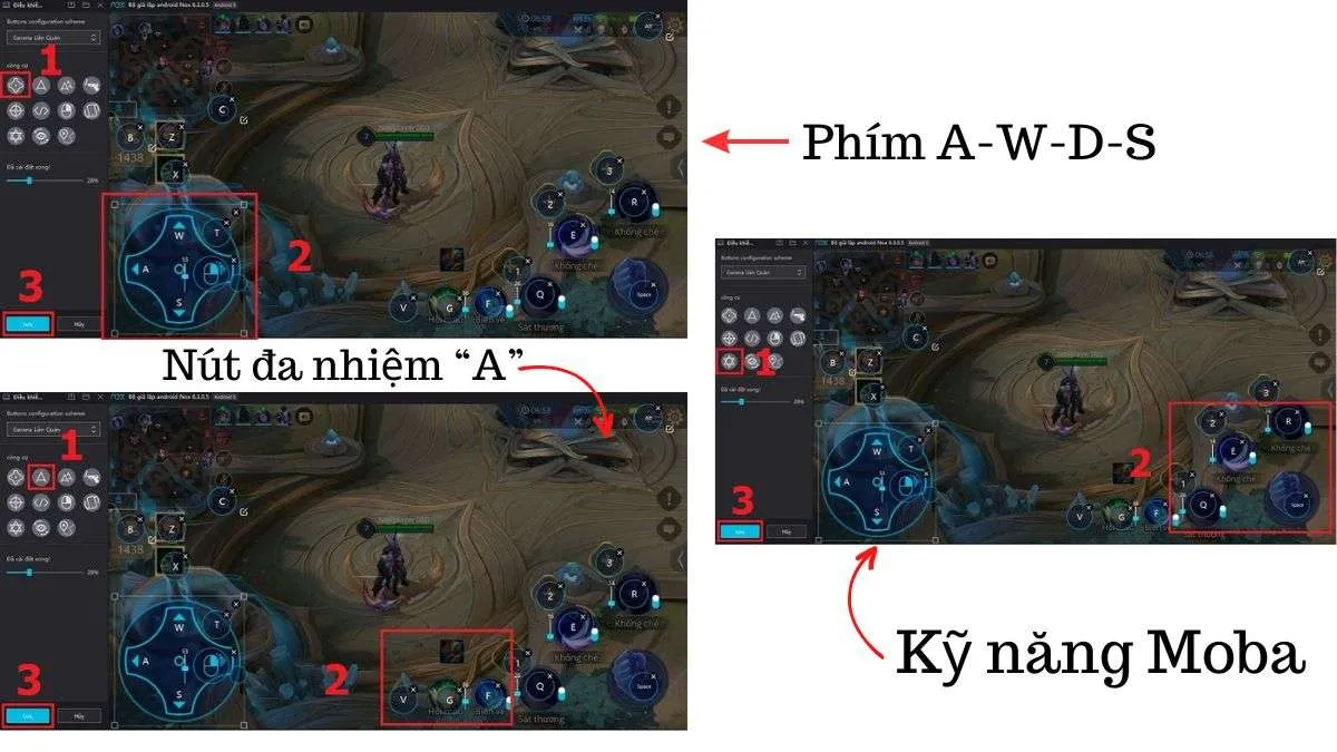 Sơ đồ các phím cơ bản và phím kỹ năng trong Liên Quân khi chơi bằng giả lập.