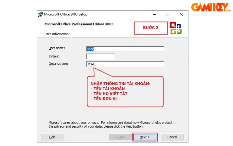 Điền thông tin cá nhân khi cài đặt Office 2003