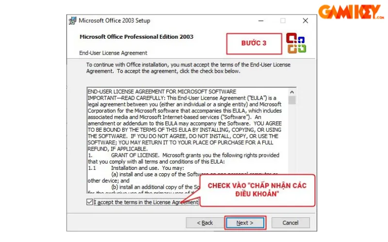 Chấp nhận điều khoản sử dụng của Microsoft Office 2003