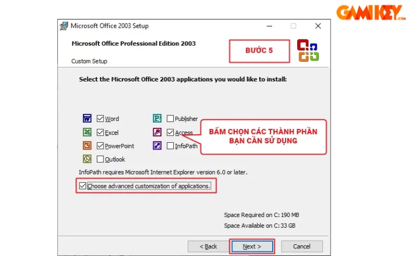 Chọn các thành phần của Office 2003 để cài đặt