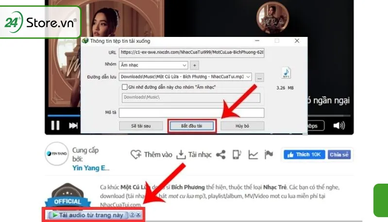 Nút "Tải audio từ trang này" của Internet Download Manager (IDM) khi phát nhạc trực tuyến