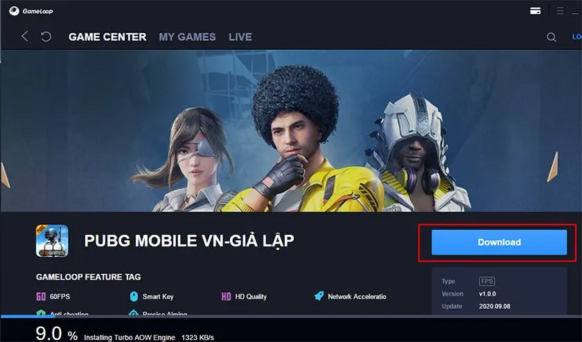 Giao diện GameLoop, tìm kiếm và tải PUBG Mobile