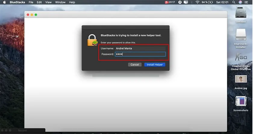 Yêu cầu điền mật khẩu máy Mac để cài đặt Helper