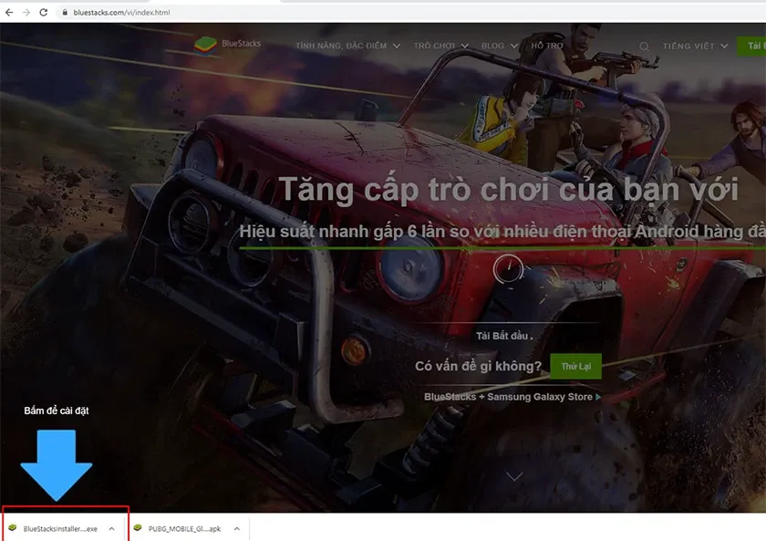 Màn hình cài đặt BlueStacks, nhấn Install Now