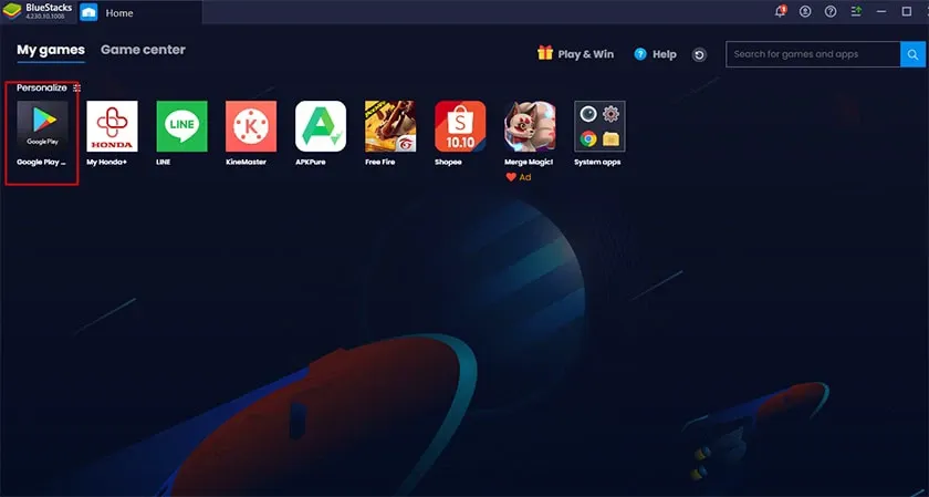 Giao diện BlueStacks, tìm kiếm PUBG Mobile trên Google Play Store