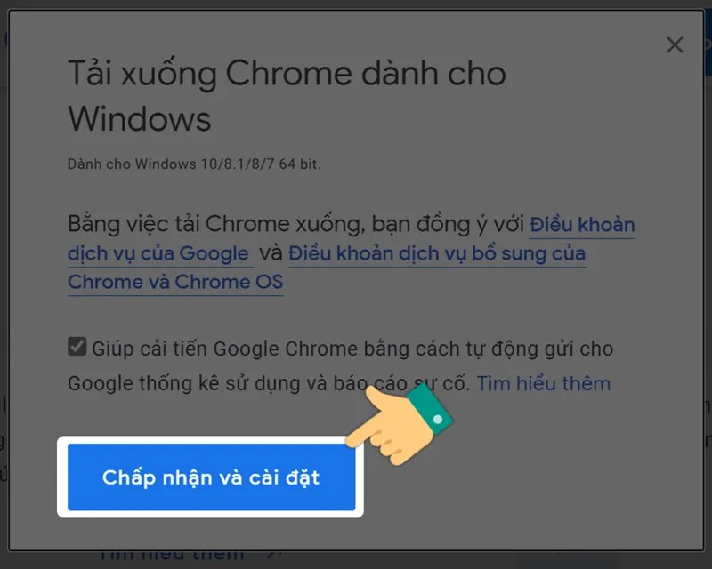 Cửa sổ điều khoản dịch vụ Google Chrome yêu cầu người dùng chấp nhận và cài đặt trình duyệt.