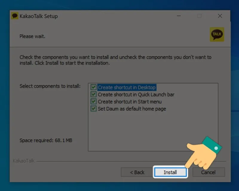 Nút Install bắt đầu quá trình cài đặt ứng dụng KakaoTalk trên máy tính PC