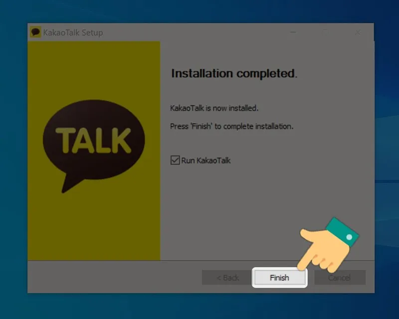 Màn hình thông báo cài đặt KakaoTalk hoàn tất, lựa chọn Run KakaoTalk