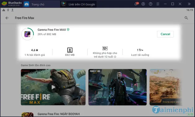 Màn Hình Thông Báo Tải Và Cài Đặt Free Fire Hoàn Tất Trên Giả Lập Android