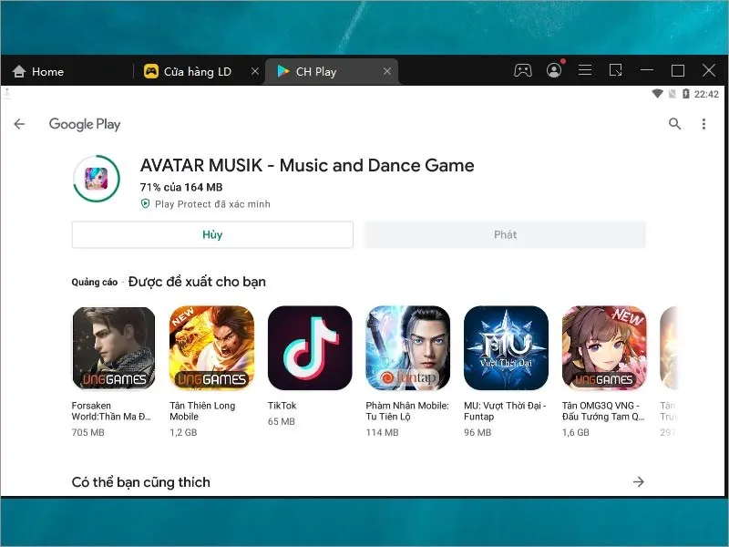 Thanh tiến trình tải và cài đặt Avatar Musik trên phần mềm giả lập Android