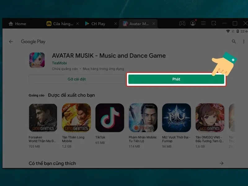 Nhấn nút Phát để khởi động trò chơi Avatar Musik sau khi cài đặt thành công