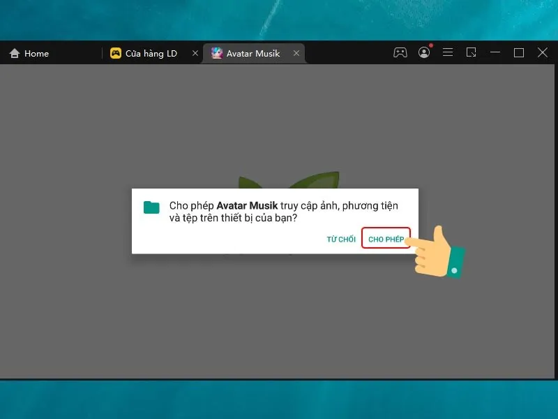 Yêu cầu cấp quyền truy cập bộ nhớ cho ứng dụng Avatar Musik trên giả lập