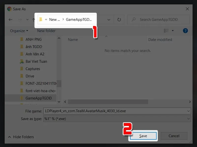 Cửa sổ Save As cho phép chọn thư mục lưu trữ file cài đặt giả lập LDPlayer
