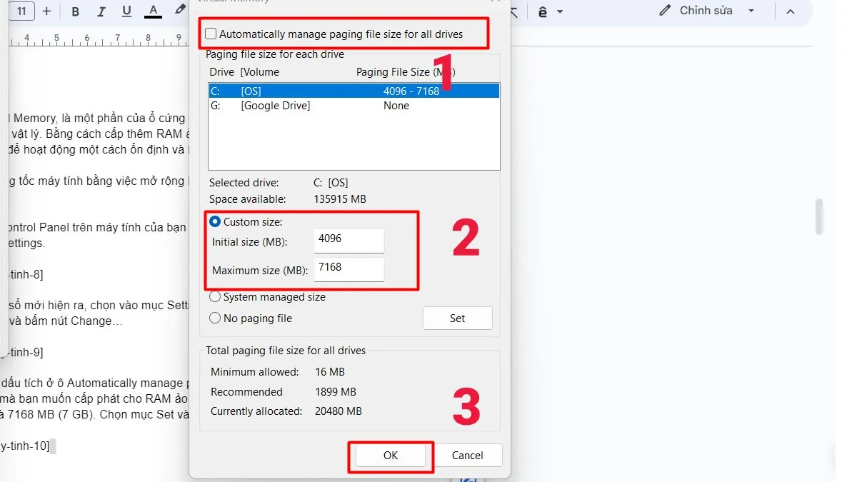 Thiết lập dung lượng RAM ảo Custom Size (tùy chỉnh) trong Windows để cải thiện hiệu suất hệ thống
