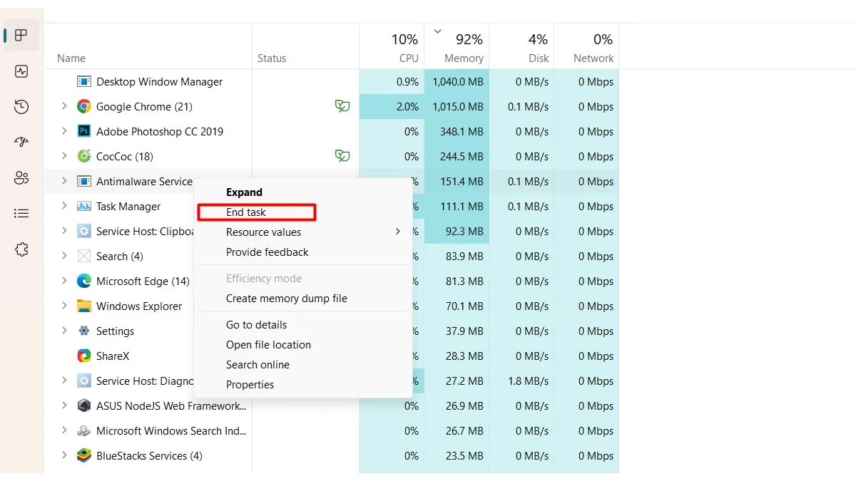 Sử dụng Task Manager để End Task các ứng dụng đang chiếm dụng tài nguyên hệ thống, giúp máy tính chạy mượt hơn