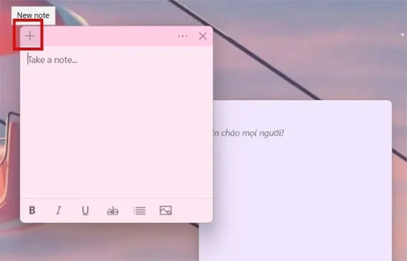 Nút dấu cộng (+) để thêm ghi chú mới trên giao diện quản lý Sticky Notes