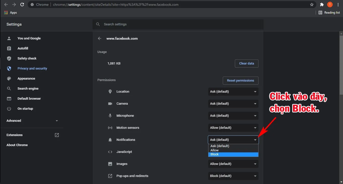 Chọn xuống dòng Notifications và click chuột, nhấn Block.