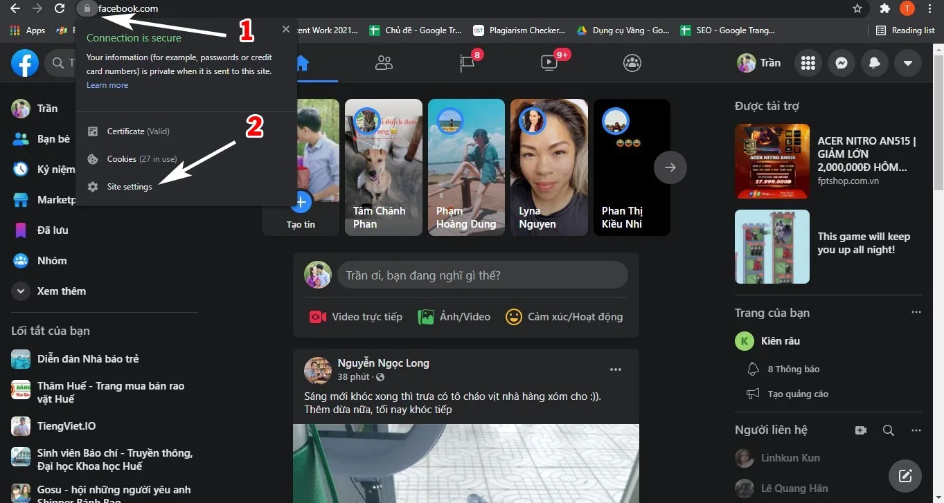 Lựa chọn để tắt thông báo Facebook từ thanh địa chỉ.
