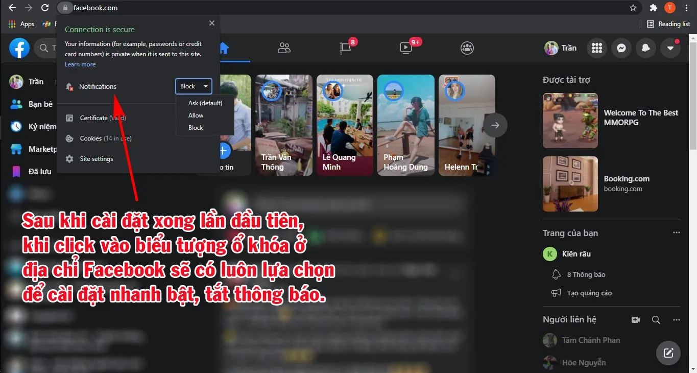 Sau khi thiết lập xong, click vào ổ khóa sẽ có ngay tùy chọn nhanh cho thông báo.