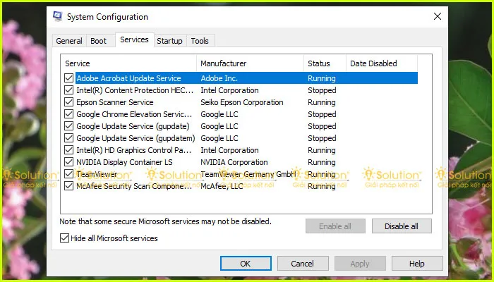 Thao tác trong thẻ Services của MSConfig, chọn Hide all Microsoft services trước khi bỏ chọn các dịch vụ không cần thiết