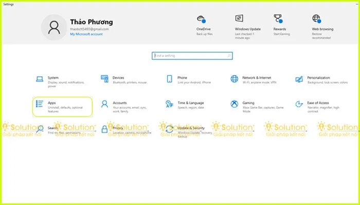 Cửa sổ Settings của Windows, chọn mục Apps để quản lý các ứng dụng và chức năng của chúng