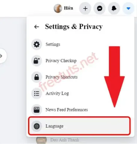 Biểu tượng cài đặt tài khoản để bắt đầu thay đổi ngôn ngữ Facebook trên desktop