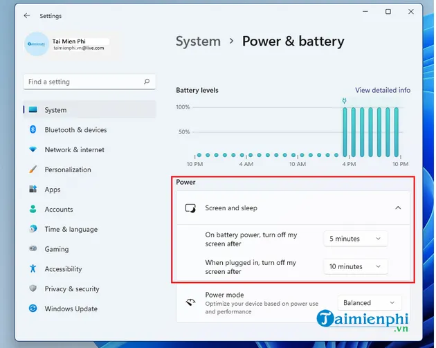 Cài đặt thời gian chờ khóa màn hình Windows 11 trong mục Screen &amp; sleep