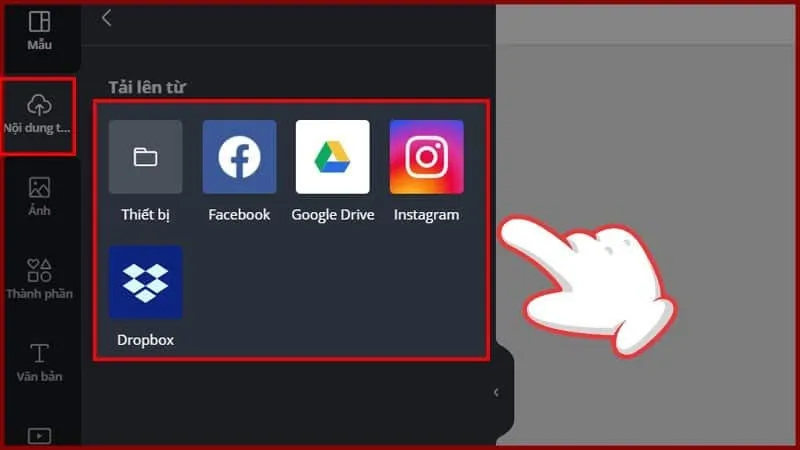 Các tùy chọn tải ảnh lên từ thiết bị hoặc mạng xã hội