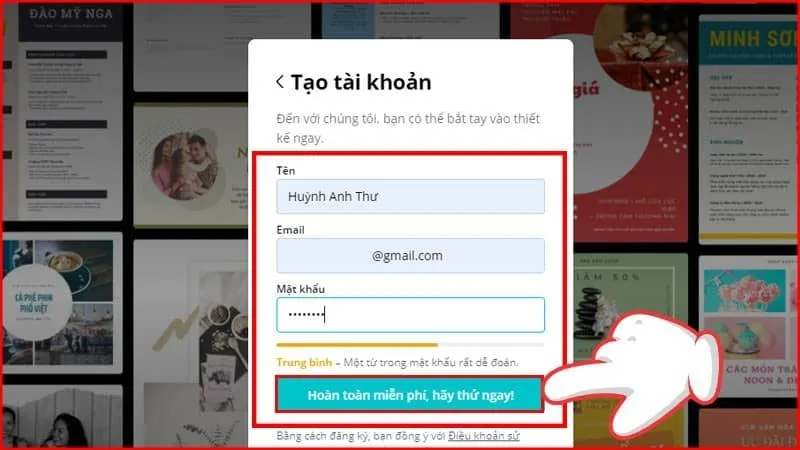 Form nhập thông tin đăng ký tài khoản Canva bằng email