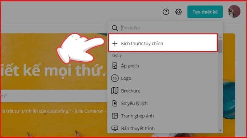 Màn hình nhập kích thước tùy chỉnh cho thiết kế