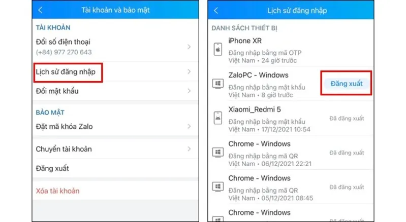 Thực Hiện Cách Thoát Zalo Trên Máy Tính Bằng Điện Thoại Từ Màn Hình Lịch Sử Đăng Nhập