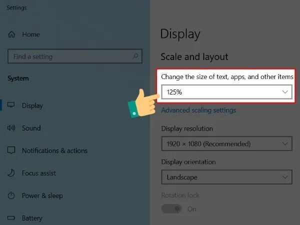 Cài đặt Change the size of text, apps, and other items để thu nhỏ kích thước tổng thể
