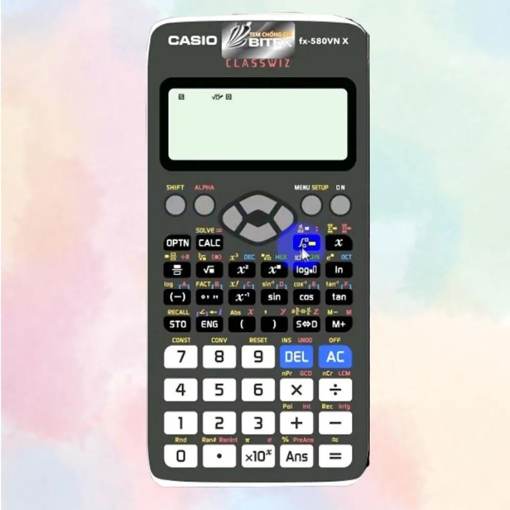 Thao tác kích hoạt chức năng đạo hàm trên máy tính Casio FX-580VN X, nhấn SHIFT và biểu tượng tích phân để hiển thị d/dx.