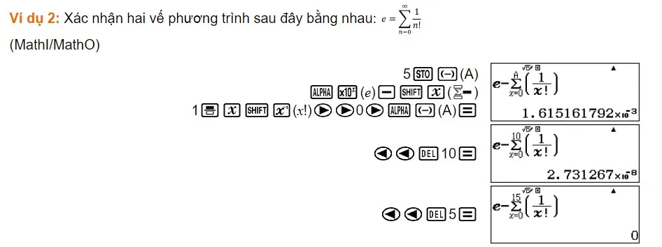 Ví dụ minh họa cách bấm máy tính Casio 580 để xác định hai vế phương trình bằng nhau