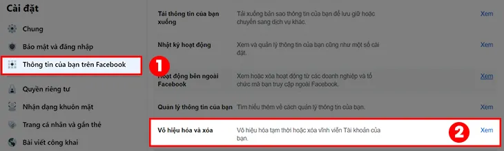 Vị trí mục Vô hiệu hóa và xóa trong Thông tin của bạn trên Facebook trên giao diện máy tính