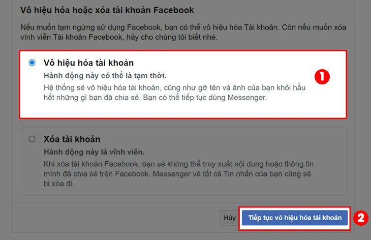 Lựa chọn Vô hiệu hóa tài khoản trên máy tính trước khi mở khóa Facebook sau này